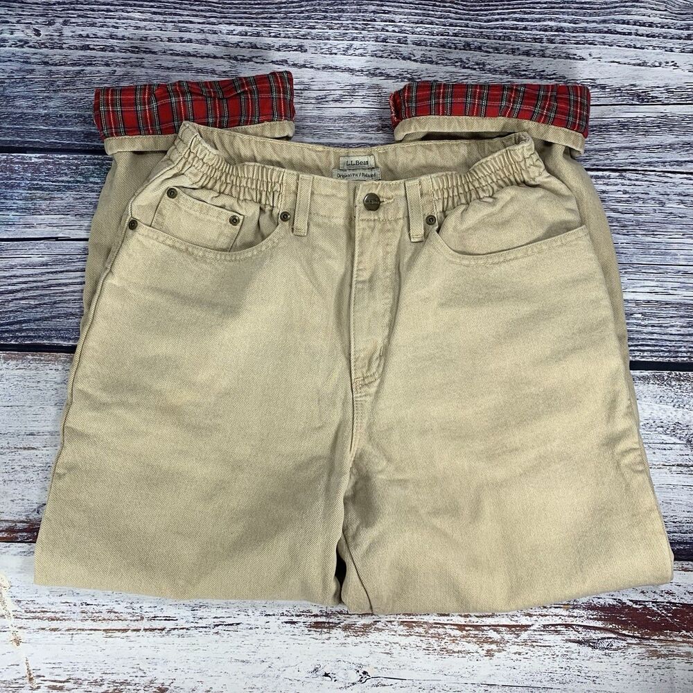 LL Bean Original Fit Relaxed Tan Jeans Red Plaid Lining Elastic Waist Size 8 Pet